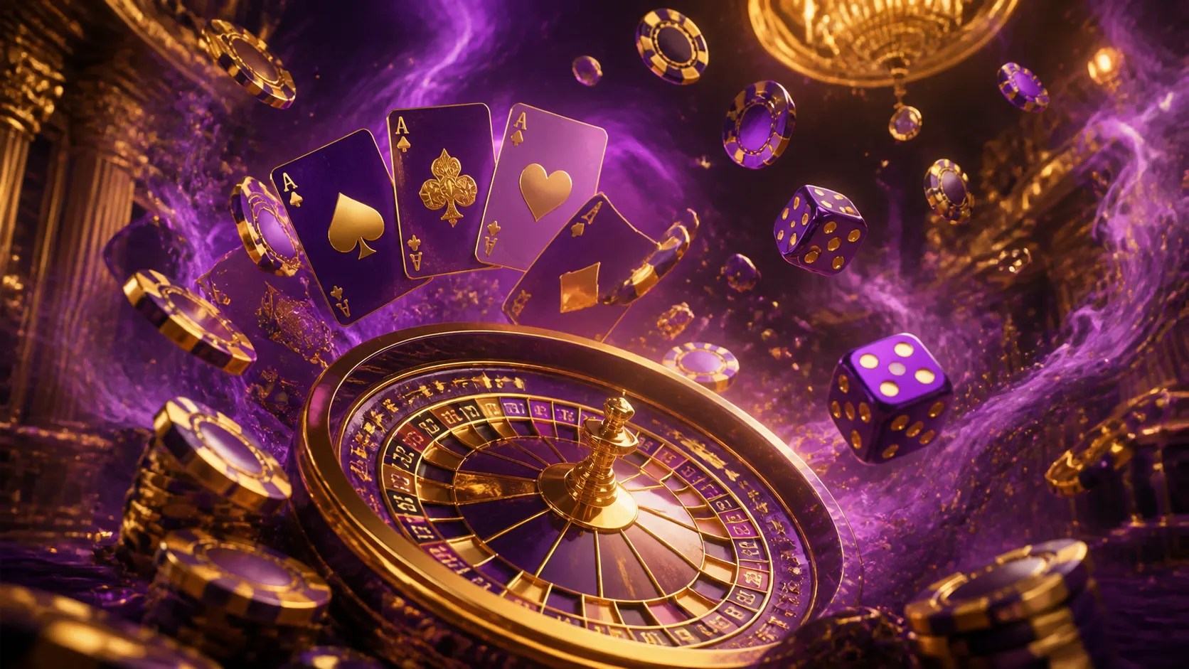 Luckyboom casino hero banner with explosive burst of glowing gold coins, poker chips, and lucky charms in a luxury cinematic